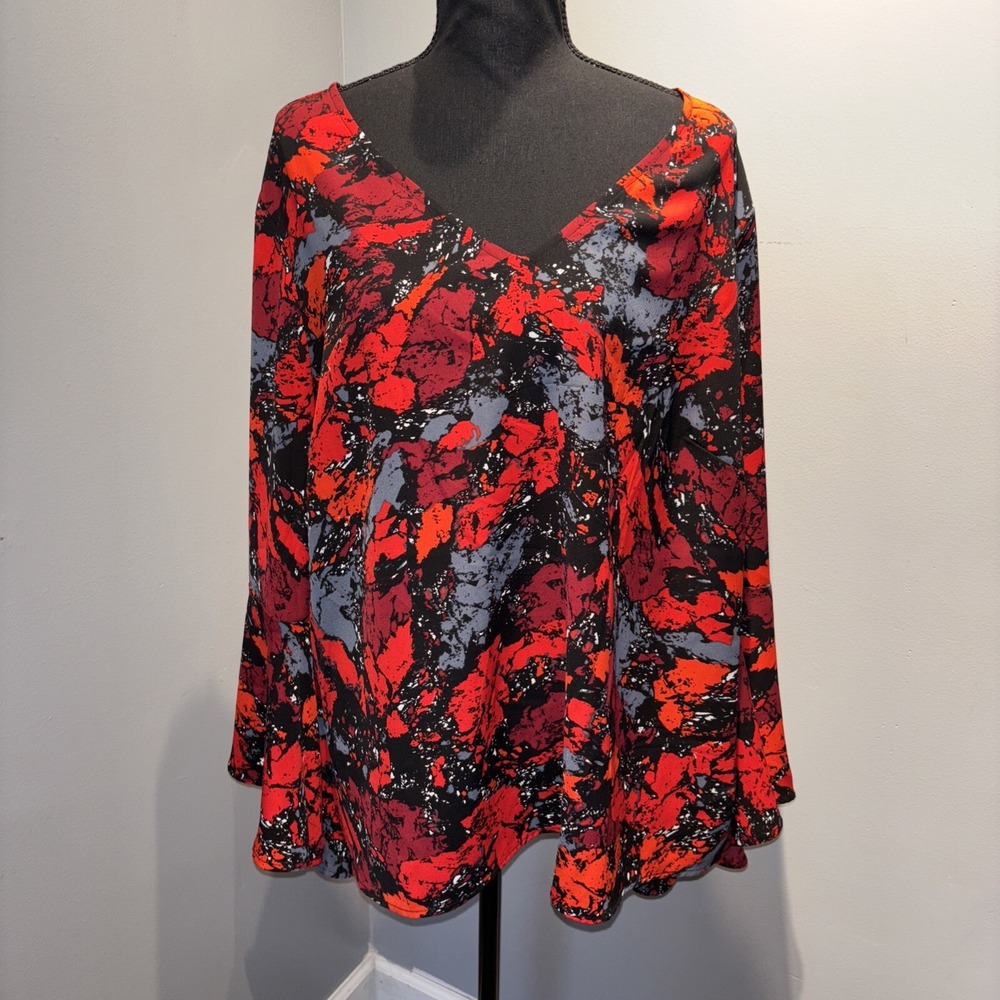 Women's Blouse Black Red Geometric Flare Sleeves‎ Flowy Lagenlook  Size 2XL